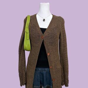 y2k brown girly boho granola long line cardigan sweater